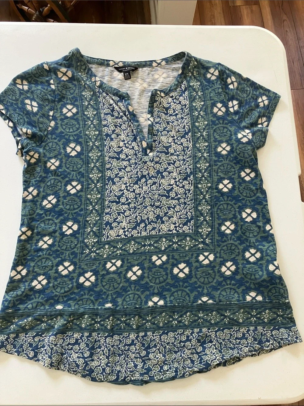 Lucky Brand Teal Blue Printed Split-Neck Tunic Top